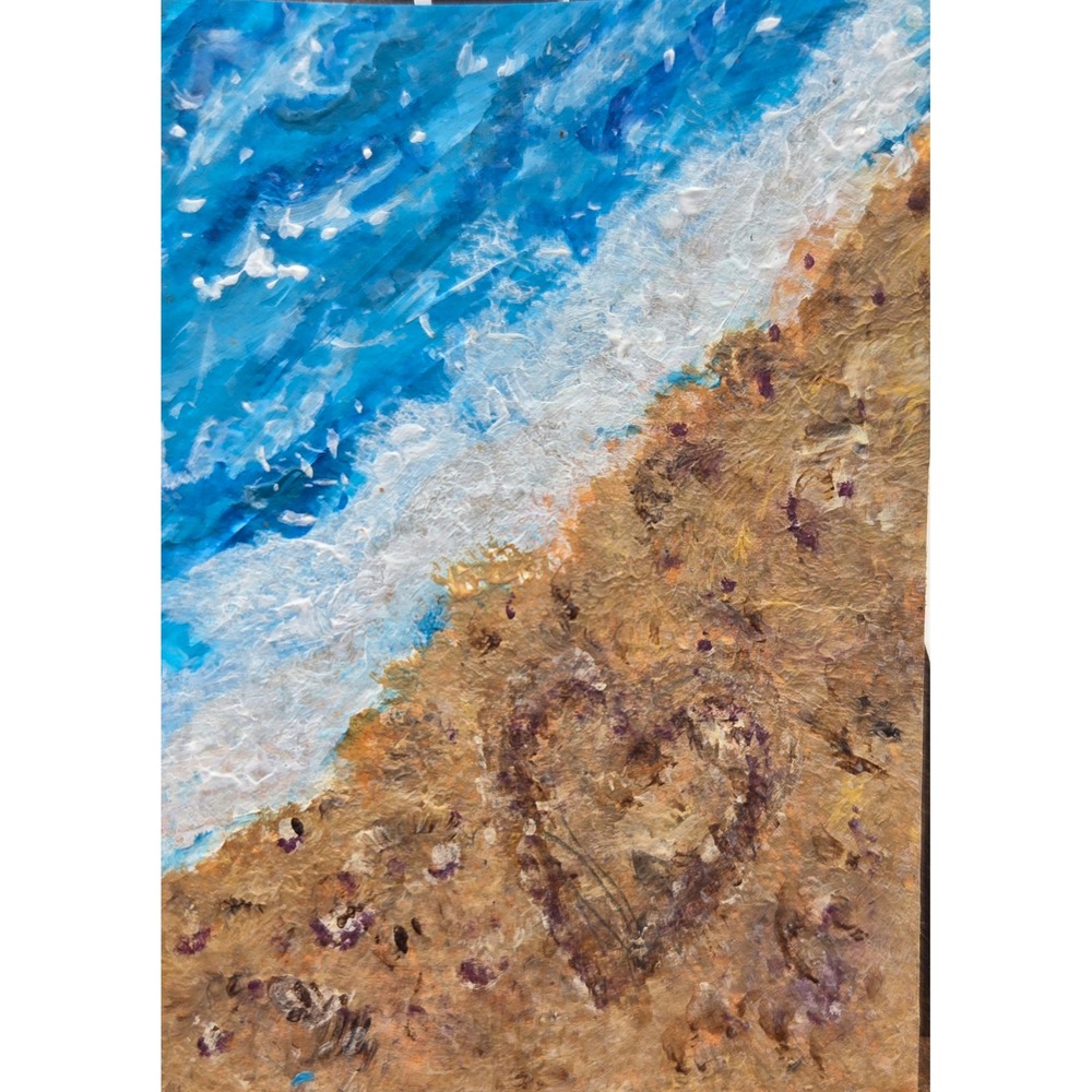 ACEO Beach Heart Acrylic Painting Ocean Waves Sand Miniature Signed Art OOAK